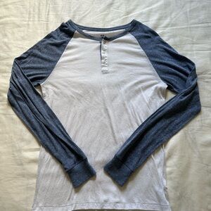 Blue and White Long Sleeve Henley Shirt